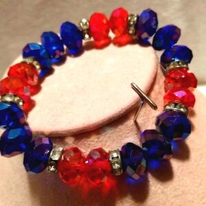 🆕Crystal Bracelet Facet Cut Beads with Crystals Red/Dark Blue New